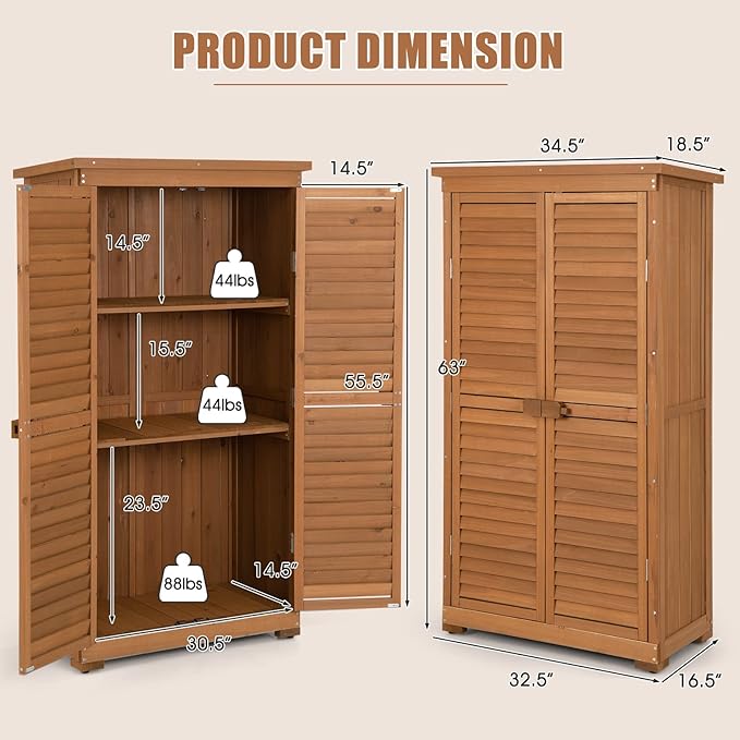 Goplus Outdoor Storage Cabinet, 63" Wood Garden Tool Shed with Double Lockable Doors, 3 Shelves and Asphalt Roof, Multipurpose Storage Shed for Patio Lawn Garden Yard, Natural