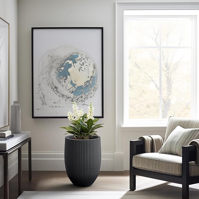 Kante Round Fluted Concrete Planter, 16.9-Inch Dia Barrel-Style Pot with Drainage Hole, Black Finish with Warm Brown Interior, 13.7" Opening, for Indoor and Outdoor Use