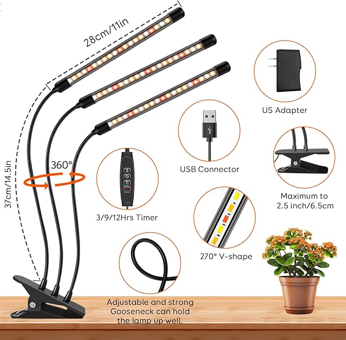 3 Heads Plant Lights for Indoor Growing, 2 Pack Grow Lights for Seed Starting, Full Spectrum Clip Grow Lamps with Auto ON & Off Timer 3/9/12H, 3 Switch Modes, 10 Dimming for Houseplants