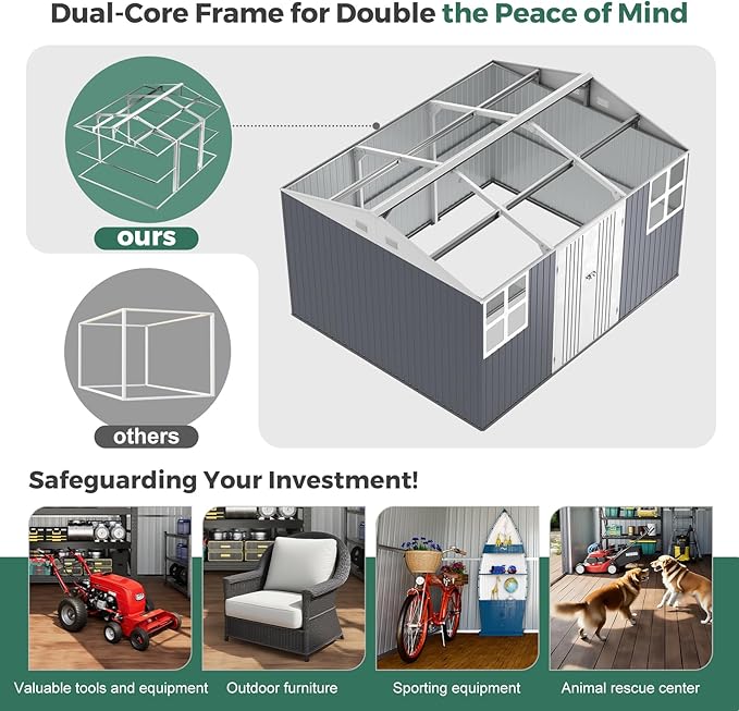 Metal shed 12x10 FT Outdoor Storage, Heavy-Duty Garden Sheds with Customizable Skylight & Reinforced Steel Frame, Weatherproof Galvanized Tool Tiny House for Backyard, Patio, and Lawn