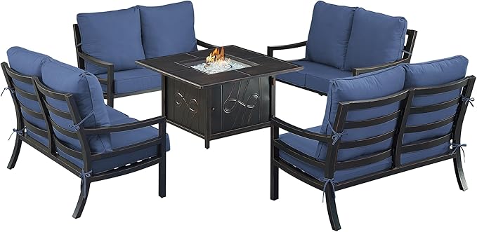 Oakland Living Black Aluminum Patio Fire Table Set with Four Deep Seating Loveseat with Cushions with Blue Cushions
