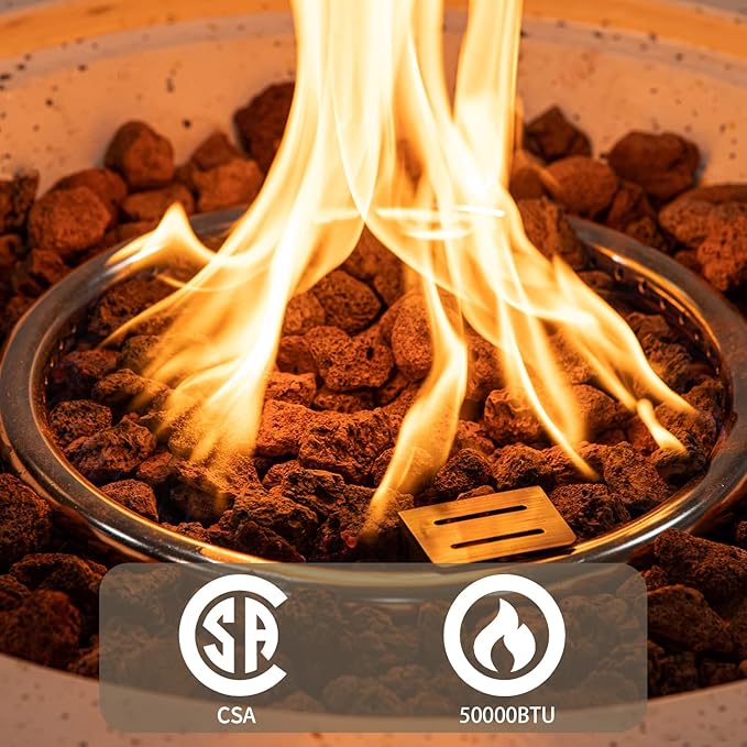 SUNBURY Outdoor Propane Fire Pit Table, 42 Inch 50000 BTU Round Spotted White Patio Gas Fire Table w Tank Cover Table, Lava Rocks, Waterproof Cover