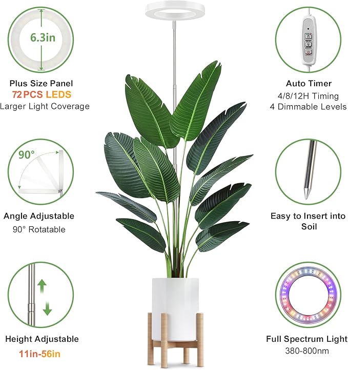 LBW Plant Grow Light, 72 LEDs Full Spectrum Grow Lights for Indoor Plants, 56in Large Grow Lamp with 4/8/12H Auto Timer & 4 Dimmable Brightness, Height Adjustable, Ideal for Tall Plants