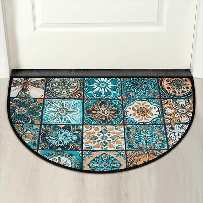 cfpolar Non-Slip Soft Half Round Door Mat, Retro Tribal Plaid Semicircle Mat for Indoor Entrance Garage Bath Living Room Patio 24 x 36 in