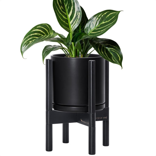 D'vine Dev Ceramic Planter with Ebony Stand - 8 Inch Modern Round Flower Pot with Wood Planter Holder, Black, 55-B-M-2