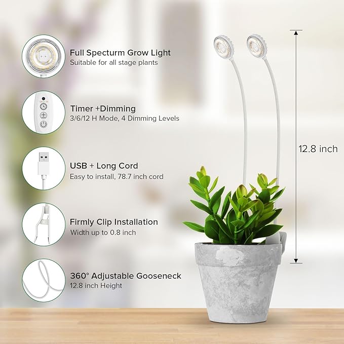 Grow Lights for Indoor Plant Growing, 2 Lamp Heads One Plug LED Clip Plant Light, 4000K Full Spectrum 4-Level Dimmable, Auto On Off Timing 3 6 12 Hrs Small Plants, White 14W