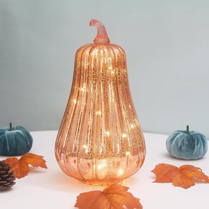 Mercury Glass Pumpkin Lights with Timer, Battery Operated Led Pumpkin Lights for Halloween Fall,Thanksgiving Rustic Decor (Rosegold Common, 11")