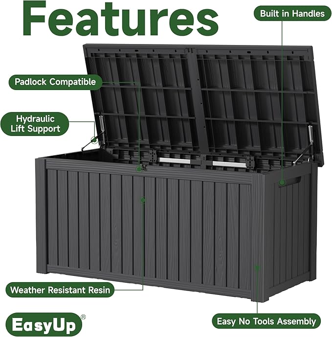 180 Gallon Deck Box,Resin Outdoor Storage Box with Lockable for Patio Furniture, Pool Accessories, Garden Tools Waterproof Outside Storage Box, Black