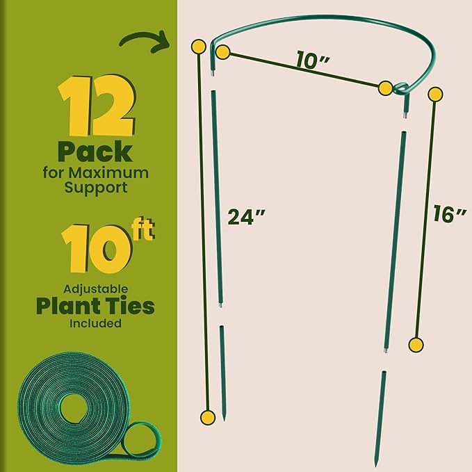 12 Pack Plant Support Stakes – Tall Plant Stakes for Indoor and Outdoor Gardens - Peony Cages and Supports - Cage Rings for Potted Flowers, Peony, Hydrangea, and Rose Bush (10" W x 16" - 24" H)