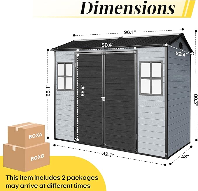 8x4 FT Resin Storage Sheds Outdoor with Floor Included, Plastic Sheds & Outdoor Storage Clearance with 2 Windows and Lockable Door, Backyard Storage Sheds for Garden Tools, Bike, Black+Grey