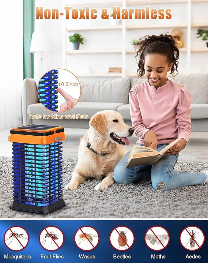 Solar Bug Zapper Outdoor Indoor, Mosquito Zapper with Dual-Mode Reading Lamp, Cordless & Rechargeable Electric Fly Trap, IPX4 Waterproof for Patio, Backyard