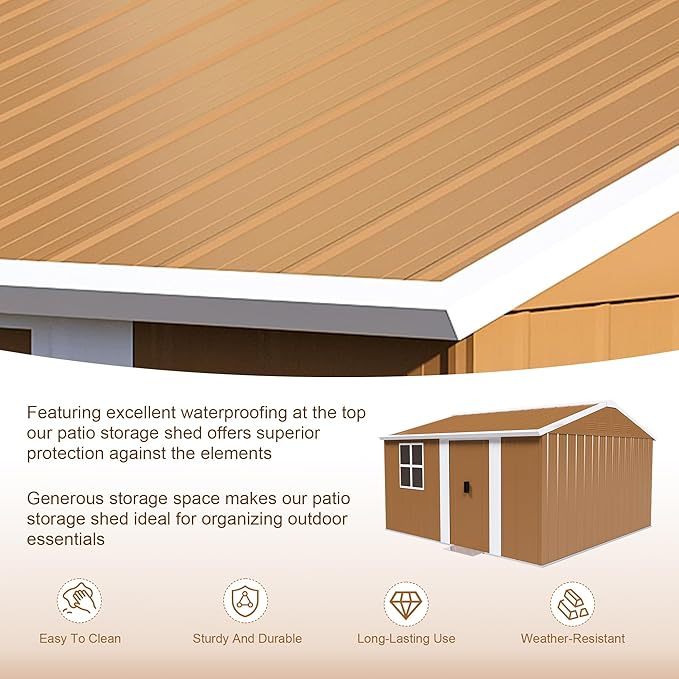12x10 FT Outdoor Steel Storage Shed with Clear Windows, Sliding Lockable Door & Ventilation, Brown and White Weather-Resistant Metal Tool Shed for Garden, Backyard, Lawn, and Utility Storage