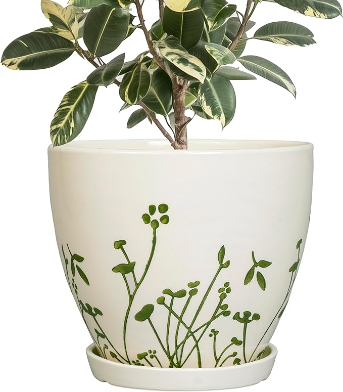 Ceramic Pot for Plants 10 Inch - Indoor Planter for Plants with Drainage Hole and Saucer, Decorative Boho Round Planter, Gardening Gifts for Women Men, Office Home Garden Decor, White