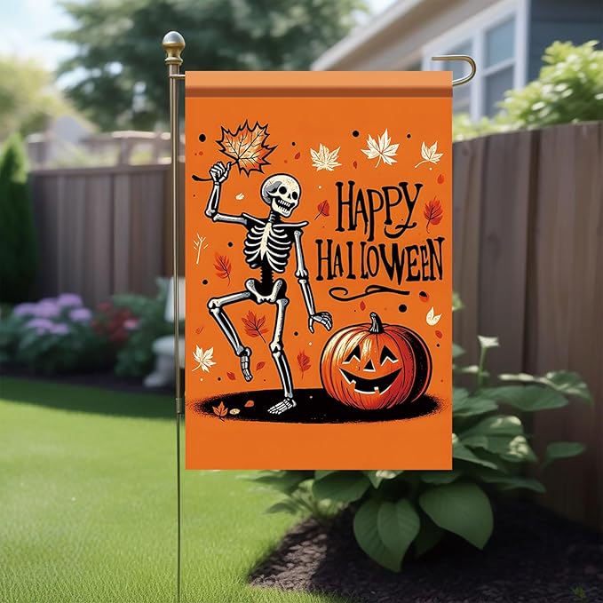 Halloween Garden Flag Skeleton Pumpkin Flag Outdoor Fall Yard Decor 12x18 Inch Double Sided Decorative Banner for Lawn Patio Holiday Party Decoration Spooky Autumn Seasonal House Flag