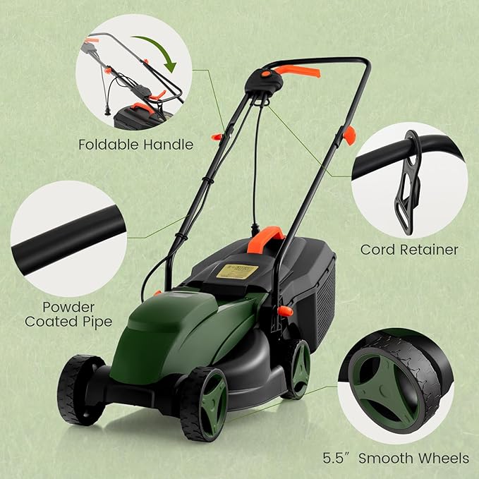 S AFSTAR Electric Lawn Mower, 10-AMP 13-Inch Corded Walk-Behind Lawnmower with Collection Box, 3 Adjustable Height Position, Self Locking Function, Push Lawn Mower for Backyard