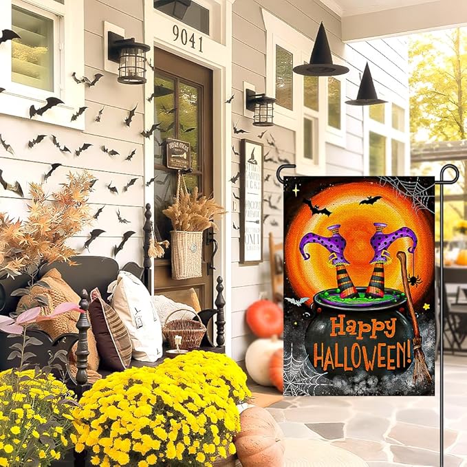 Happy Halloween Garden Flags for Outside 12x18 Inch Double Sided Burlap, Spooky Ghost Bat Sign Small Flag Farmhouse Holiday Yard Outdoor Decorations DF857