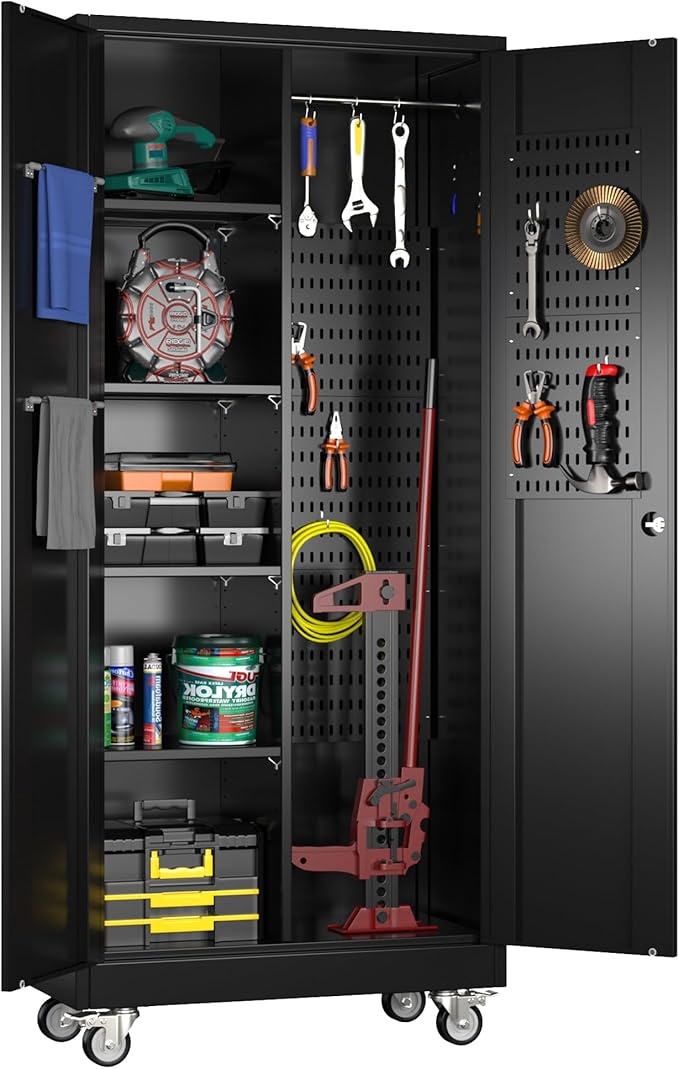 Broom Closet Storage Cabinet with Wheels and Pegboard,Garage Storage Cabinet with Lockable and Magnetic Doors,Adjustable Shelves for Garage Home Office,Required Assembly,17.7"D*33.5"W*70.87"H