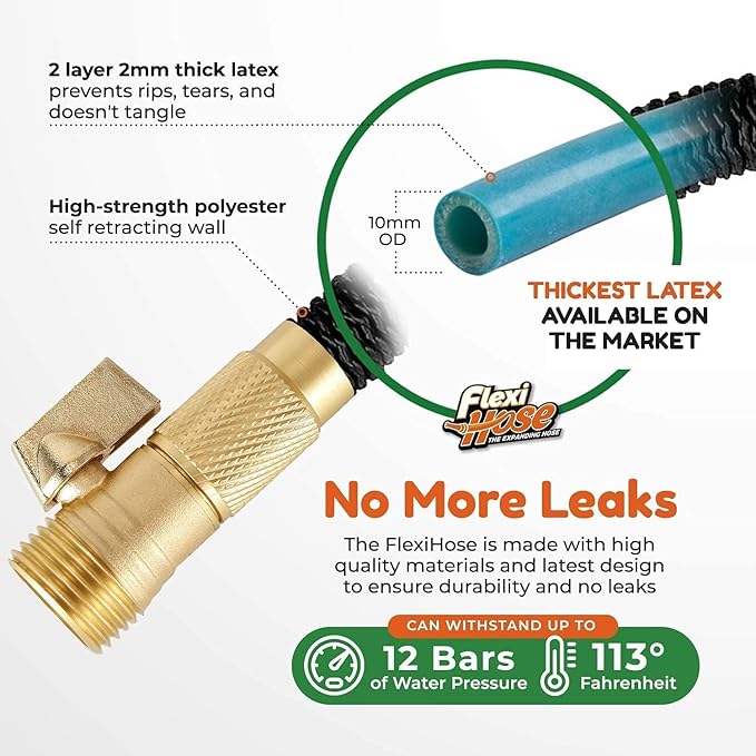 Flexi Hose with 8 Function Nozzle, 25FT - Lightweight Expandable Garden Hose, No-Kink Flexibility, 3/4 Inch Solid Brass Fittings and Double Latex Core