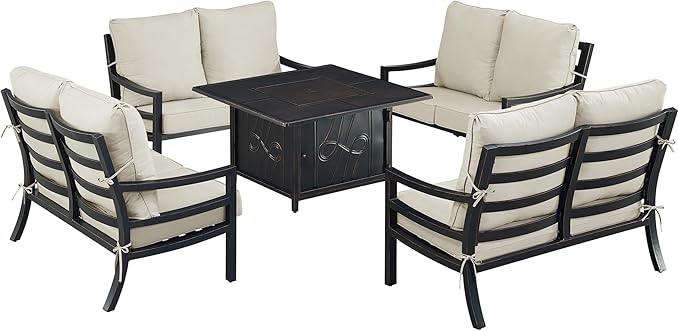 Oakland Living Black Aluminum Patio Fire Table Set with Four Deep Seating Loveseat with Cushions with Light Grey Cushions