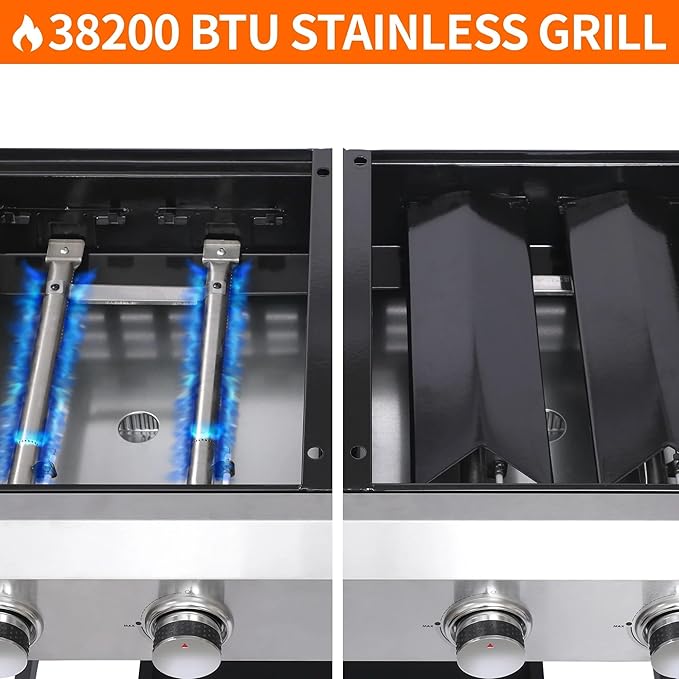 4-Burner Propane Gas Grill and Griddle Combo | 38200BTU Stainless Steel Outdoor BBQ with Side Shelves & Wheels, Cabinet Style Cart (Includes 2 Grill Grates & 2 Flat Top Griddles)