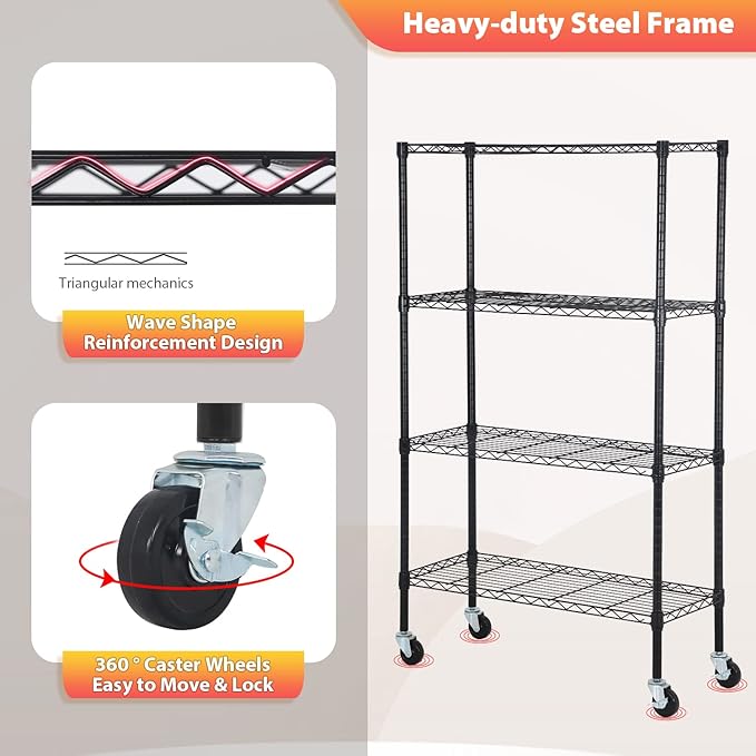 FDW | 4-Tier Wire Storage Shelves with Wheels | 36"x14"x62" | Black | Adjustable Racks | Heavy-Duty Metal Shelf, Holds Upto 500 lbs | Tool-Free Assembly, Rust-Resistant | for Home & Garage Shelving