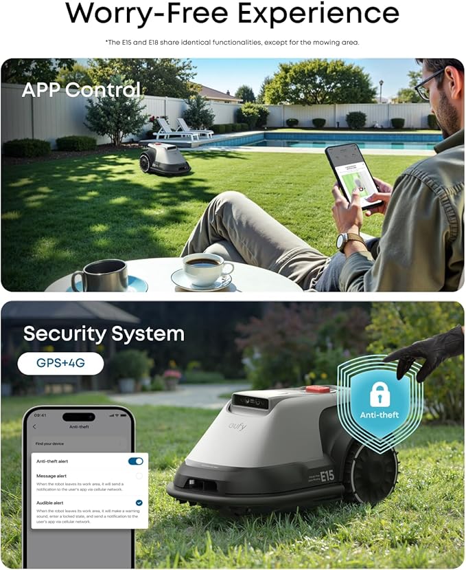 eufy E15 Robot Lawn Mower,Max 0.2 Acres,Wireless Robot Mower with Auto Mapping,Vision Navigation,Multi-Zone Management,Robotic Lawnmower with AI Obstacle Avoidance,APP Control,18°Slope,Cut Height1-3"