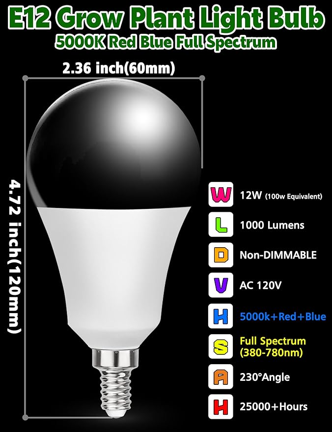 Grow LED Light Bulbs Full Spectrum, E12 12W Small Candelabra Sun Plant Bulbs 100w Equivalent, Balanced Spectrum 5000K Blue Red for Flowers,Seed Starting,Indoor Growing,6Pcs