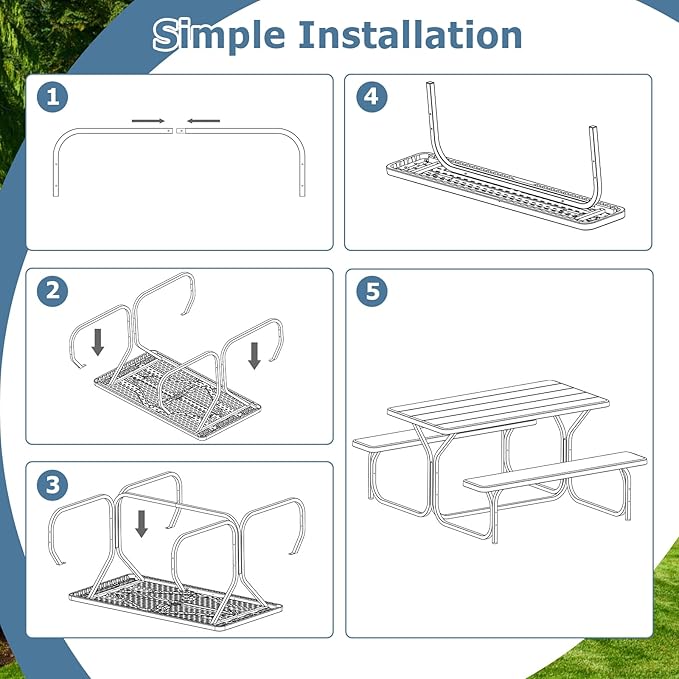 Moccha Picnic Table Bench Set - Portable Plastic Picnic Table w/Steel Frame & Wood-Like Texture, All Weather Heavy Duty Picnic Table Kit, Picnic Tables for Outdoors Garden Patio Party Dining (Grey)