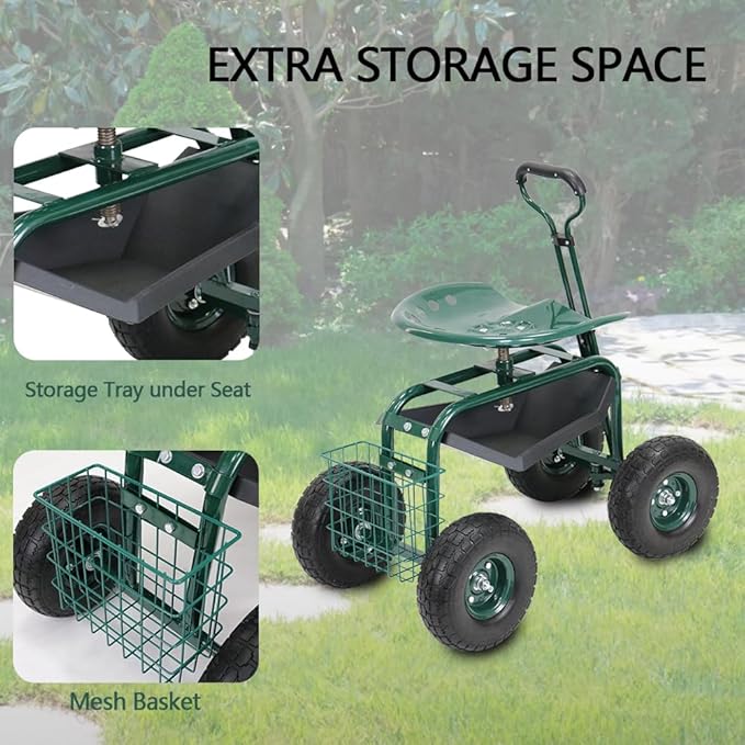 PLKO Garden Cart on Wheels,Rolling Garden Cart with Seat,Heavy Duty Gardening Stool with Basket,Adjustable Steering Handle, 360 Degree Swivel Seat for Yard,Patio,and Outdoor