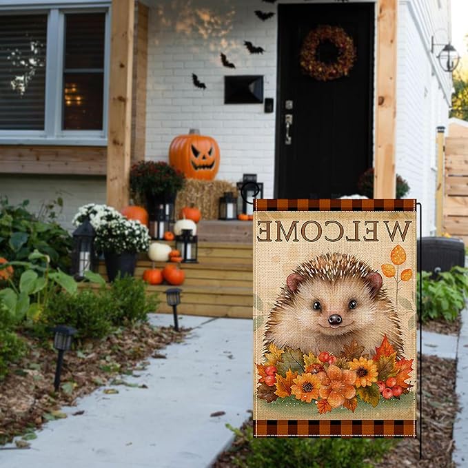 Fall Garden Flag 12 x 18 Inch Double Sided Cute Hedgehog Maple Leaves Sunflower Designs Autumn Burlap Yard Flag for Outside Rustic Yard Outdoor Holiday Home Decoration