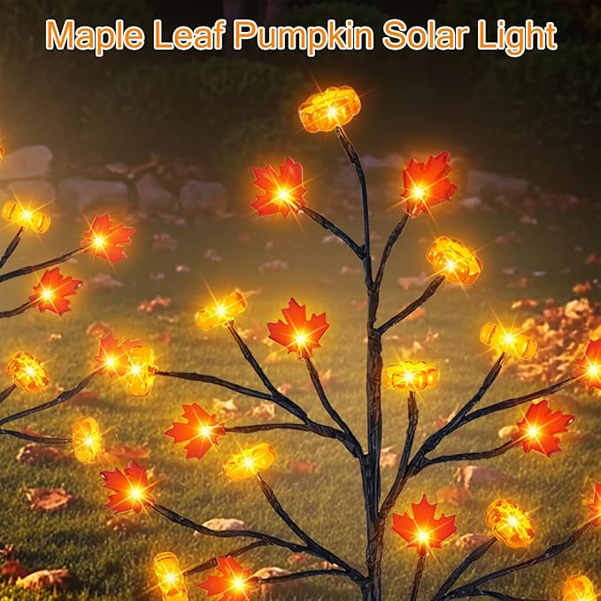 8 Pack Fall Solar Lights Outdoor, 160 LED Maple Pumpkin Stake Lights with 8 Mode, Waterproof Solar Pathway Lights for Garden Patio Yard Fall Outdoor Decor