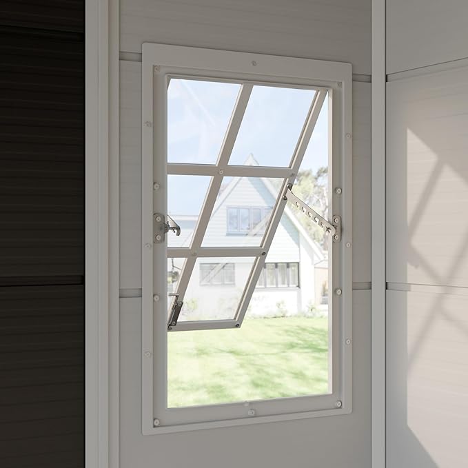 Restland 8x4 FT Resin Storage Shed with Floor & Adjustable Window Outdoor Weather-Resistant Plastic Sheds for Backyard, Garden, Lawn (Light Grey)