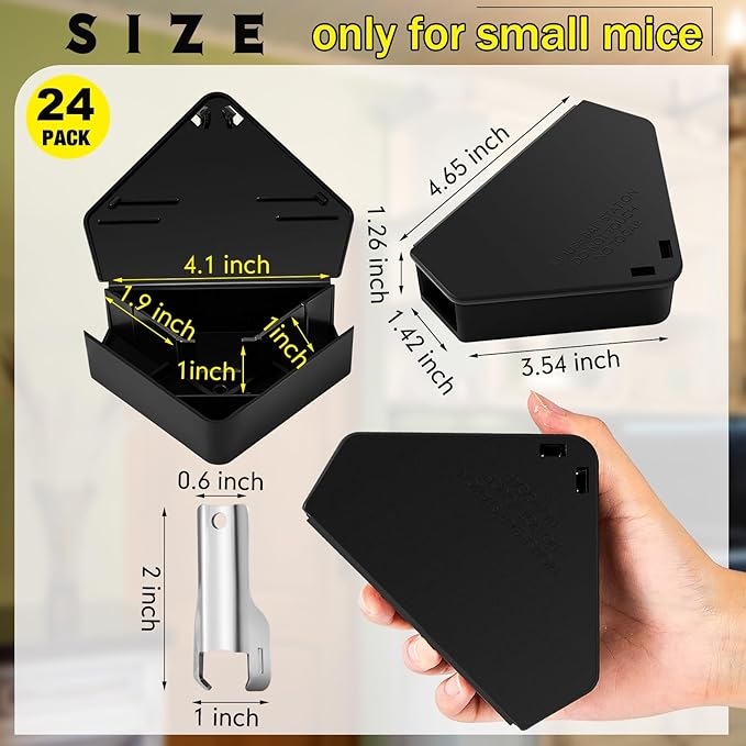 Qualirey 24 Pcs Mice Station with Key Triangle Bait Station Reusable Rodent Trap Box, Keeps Children and Pets Safe Indoor & Outdoor, Bait Not Included, Suitable for Small Mice (Black,Keys are Silver)