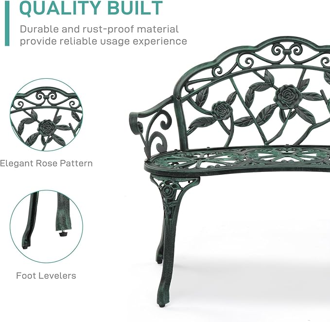 VINGLI 38.5" Patio Park Garden Outdoor Metal Rose Bench,Cast Iron Cast Aluminium Frame Antique Finish Chair,Accented Lawn Front Porch Path Yard Decor Deck Furniture for 2 Person Seat（Green&Black