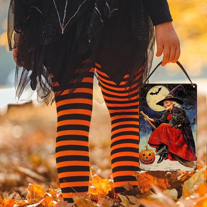 Witch Flying Broom Vintage Sign Halloween Cat Metal Tin Sign Full Moon Bat Pumpkin Poster 8x12inch