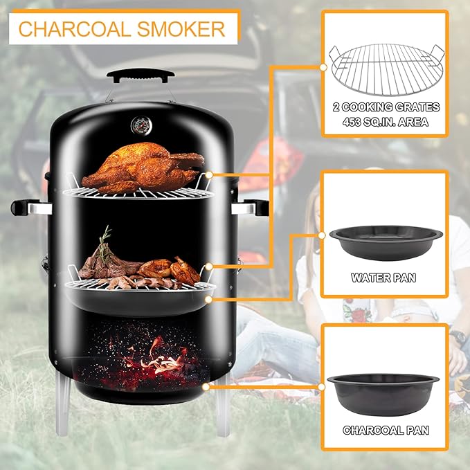 Charcoal BBQ Grill, Heavy Duty 3-in-1 Barbecue Smoker Grill for Garden Camping Outdoor Cooking and Grilling