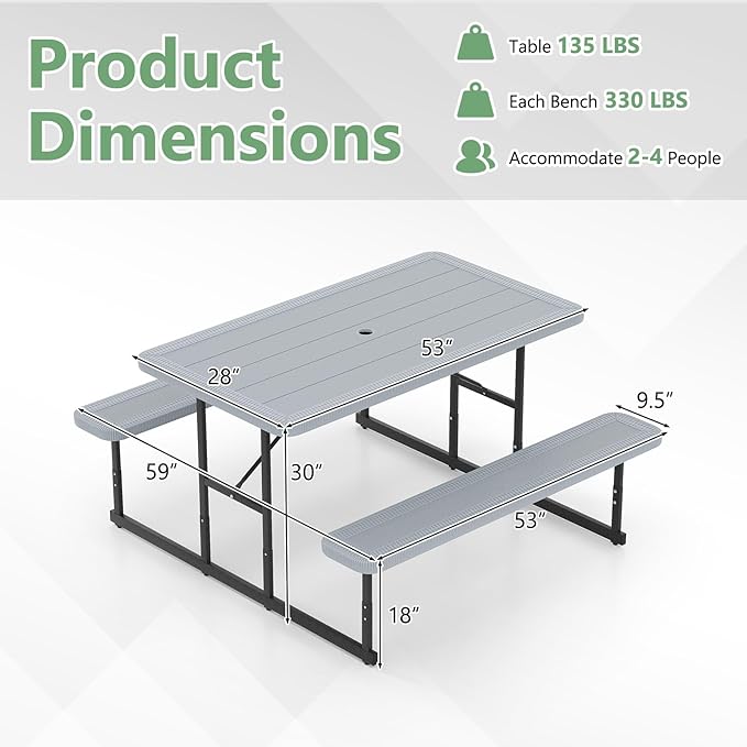 Tangkula Picnic Table, HDPE Outdoor Rectangular Table Bench Set with 2 Built-in Benches, Umbrella Hole, Metal Frame for 4 Person, Garden Yard Patio Lawn