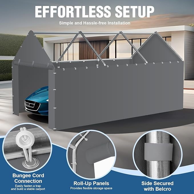 Canopy Sidewalls for 10' x 20' Carport with Ball Bungee Cords, Shelter Logic Replacement Covers Canopy Walls for Car Tent Garage(Sidewalls Only) (Grey)