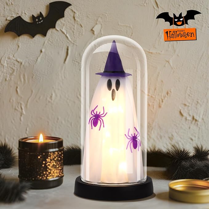 Halloween Decor-Halloween Decorations Indoor-Light Up Ghost in Glass Cloche-Cute Ghost with Light for Home Kitchen Mantel Tabletop Party Decor- Ghost-Purple
