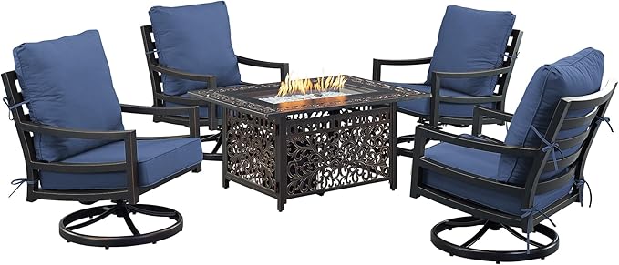 Oakland Living Black Aluminum Patio Fire Table Set with Four Club Chairs with Blue Cushions