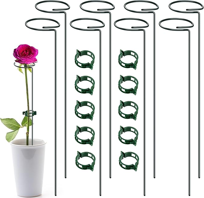 Green Metal Plants Support Stakes (Pack of 8), Garden Single Stem Plant Support Rod and Ring with 10 PCS Plant Clips, Plant Support and Clips Set - for Amaryllis, Rose, Tomato Seedling, Sapling