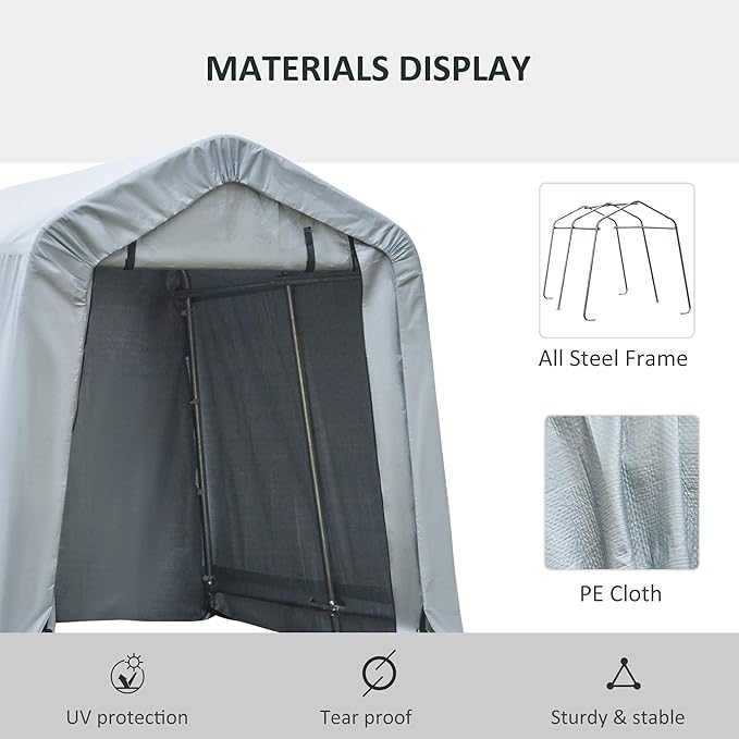 Outsunny 6' x 8' Carport Portable Garage, Heavy Duty Storage Tent, Patio Storage Shelter w/Anti-UV PE Cover and Double Zipper Doors, for Motorcycle Bike Garden Tools, Light Gray