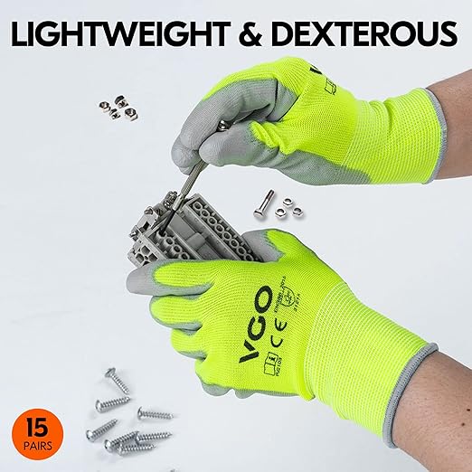 Vgo... 15-Pairs Safety Work Gloves, Gardening Gloves, Polyurethane Coated, Dipping Gloves, Latex Free (Size M, Yellow, PU2103)
