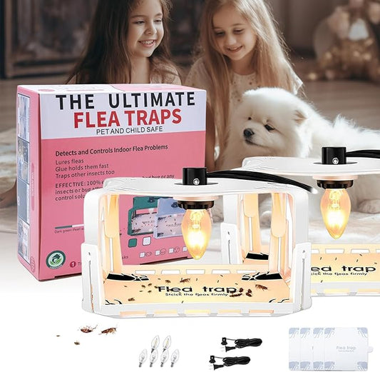 Flea Traps for Inside Your Home 2 Packs, Flea Trap with Light for Indoor Bed Bug, Flea Killer Pest Control, Non Toxic & Harmless, Friendly to Pets & Kids, with 6 Sticky Refills and 6 Lightbulbs