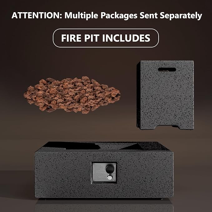 COSIEST Outdoor Propane Fire Pit Coffee Table w Square Faux Stone 35-inch Base, CSA Certified, 50,000 BTU Stainless Steel Burner, Free Lava Rocks and Rain Cover,Tank Cover, Gray