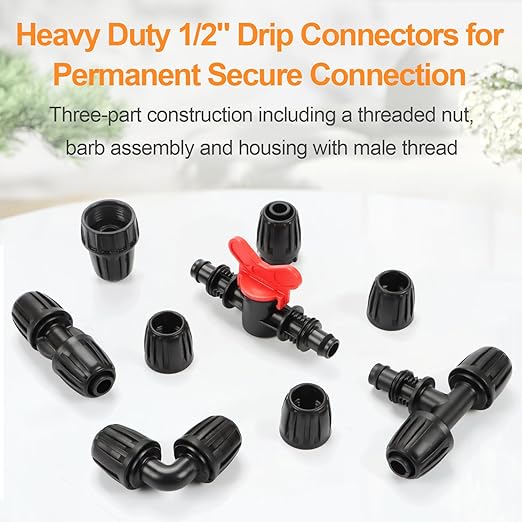 21 Pieces1/2 Inch Drip Irrigation Fittings Kit, 1/2'' Drip Line Barbed Locked Connectors for 1/2 Inch Irrigation Tubing (1/2" ID x 0.640" OD) Coupling Tee Elbow Plug Valve Faucet Adapter