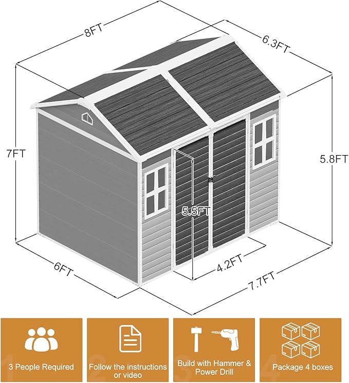 Outdoor Resin Storage Shed 8x6x7 FT Sheds Kit with Floor Included 2 Windows Double Lockable Door,Waterproof Outside Plastic Sheds for Backyard Garden Patio Lawn Tools