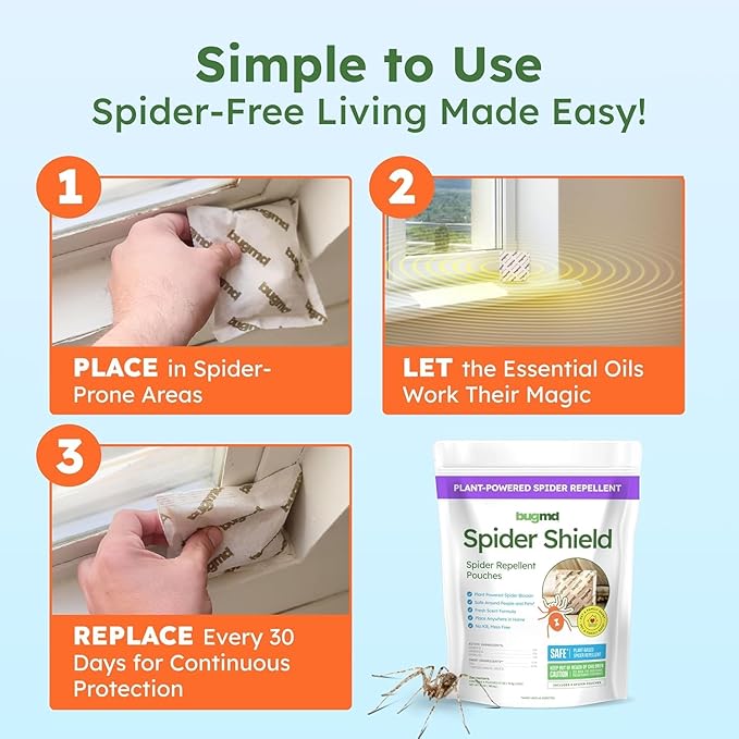 BugMD Spider Shield Repellent Pouches (4 Pack, 16 Pouches) Plant-Based Indoor & Outdoor Spider Repellent | Safe for Pets & Family | Natural Citronella, Rosemary & Lemongrass Oils