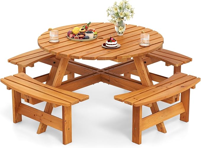 Giantex 8-Person Round Picnic Table Set with 4 Benches, 550 LBS Bench Capacity, 2" Umbrella Hole, Circular Outdoor Wood Dining Table & Chairs for Patio Yard Garden Porch Deck (71”x71”x28”,Yellow)