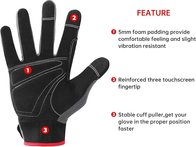 DULFINE Flex Grip Mechanic Work Gloves for Men,Black and Red Utility Safety Working Gloves Touch Screen,Excellent Grip,Ideal for Working on Cars and Outdoor Jobs(X-Large)